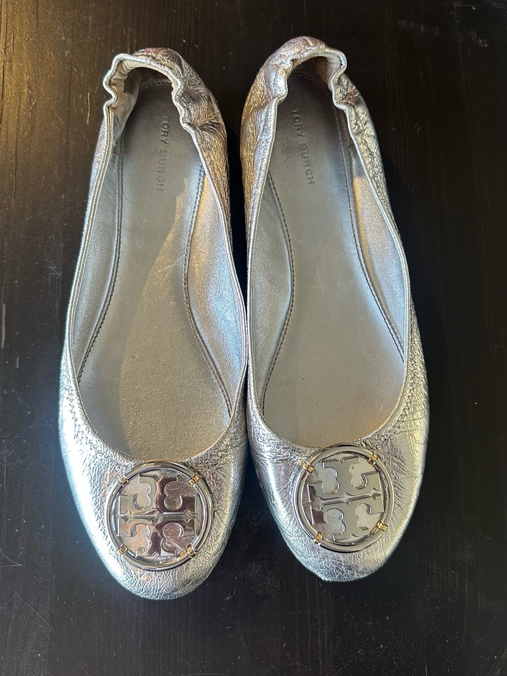 Tory Burch Silver Metallic Logo Ballet Flats